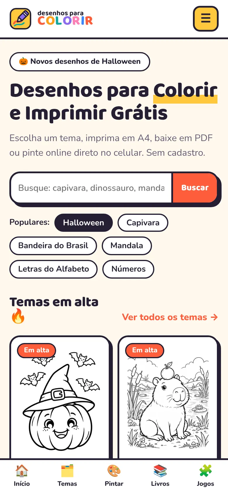 Tela do app de desenhos para colorir no celular