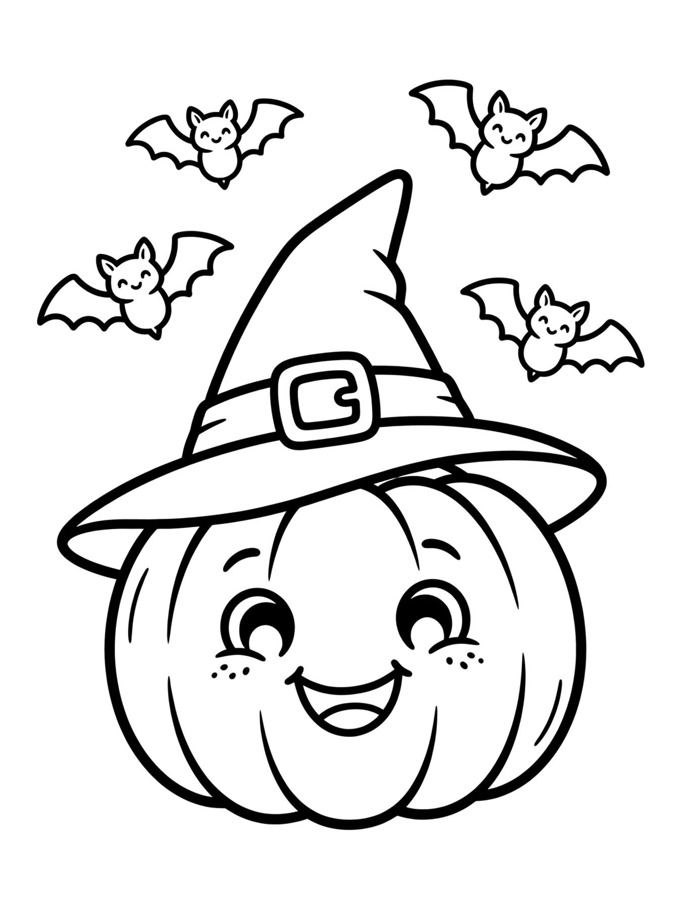 Desenho de abóbora de Halloween com chapéu e morceguinhos para colorir