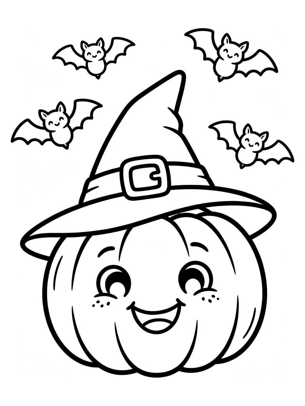 Desenho de abóbora de Halloween sorrindo com chapéu de bruxa e morcegos, para colorir