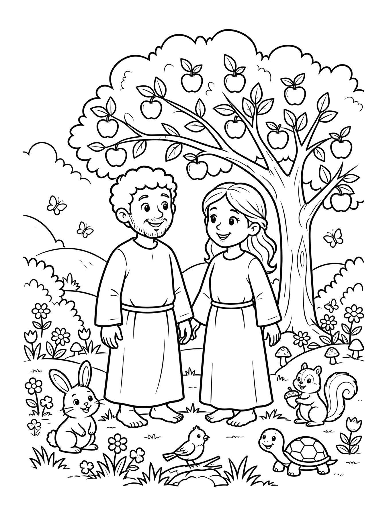 Desenho de adão e Eva no jardim para colorir