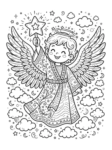 Desenho de anjo com estrela para colorir