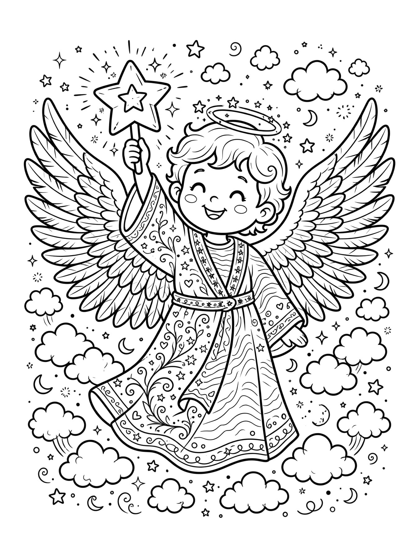 Desenho de anjo com estrela para colorir