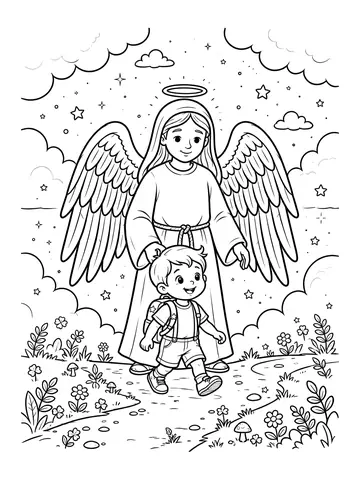 Desenho de anjo da guarda com criança para colorir