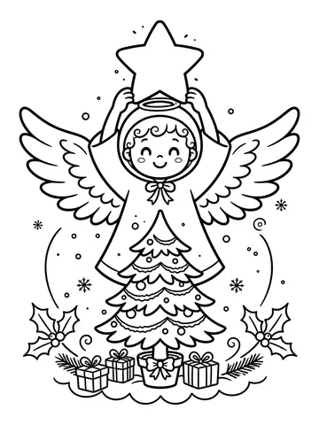 Desenho de anjo de Natal com estrela para colorir
