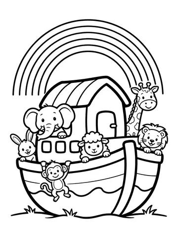 Desenho de arca de Noé com animais e arco-íris para colorir