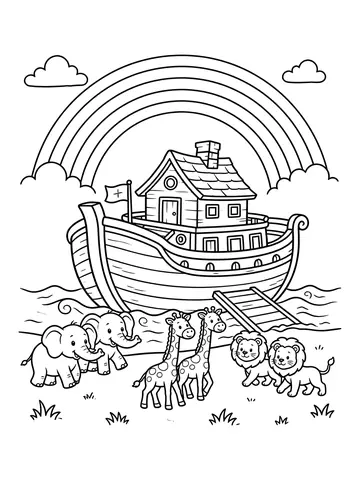 Desenho de arca de Noé com os animais entrando para colorir