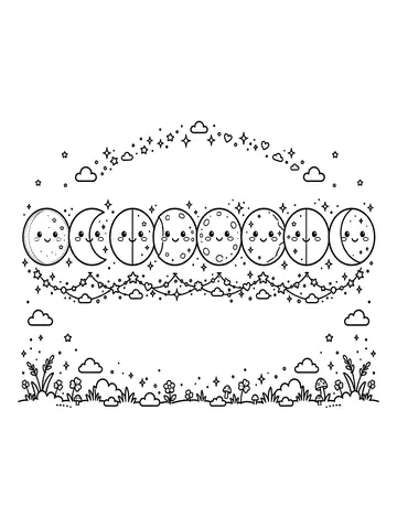 Desenho de as fases da Lua em fila para colorir
