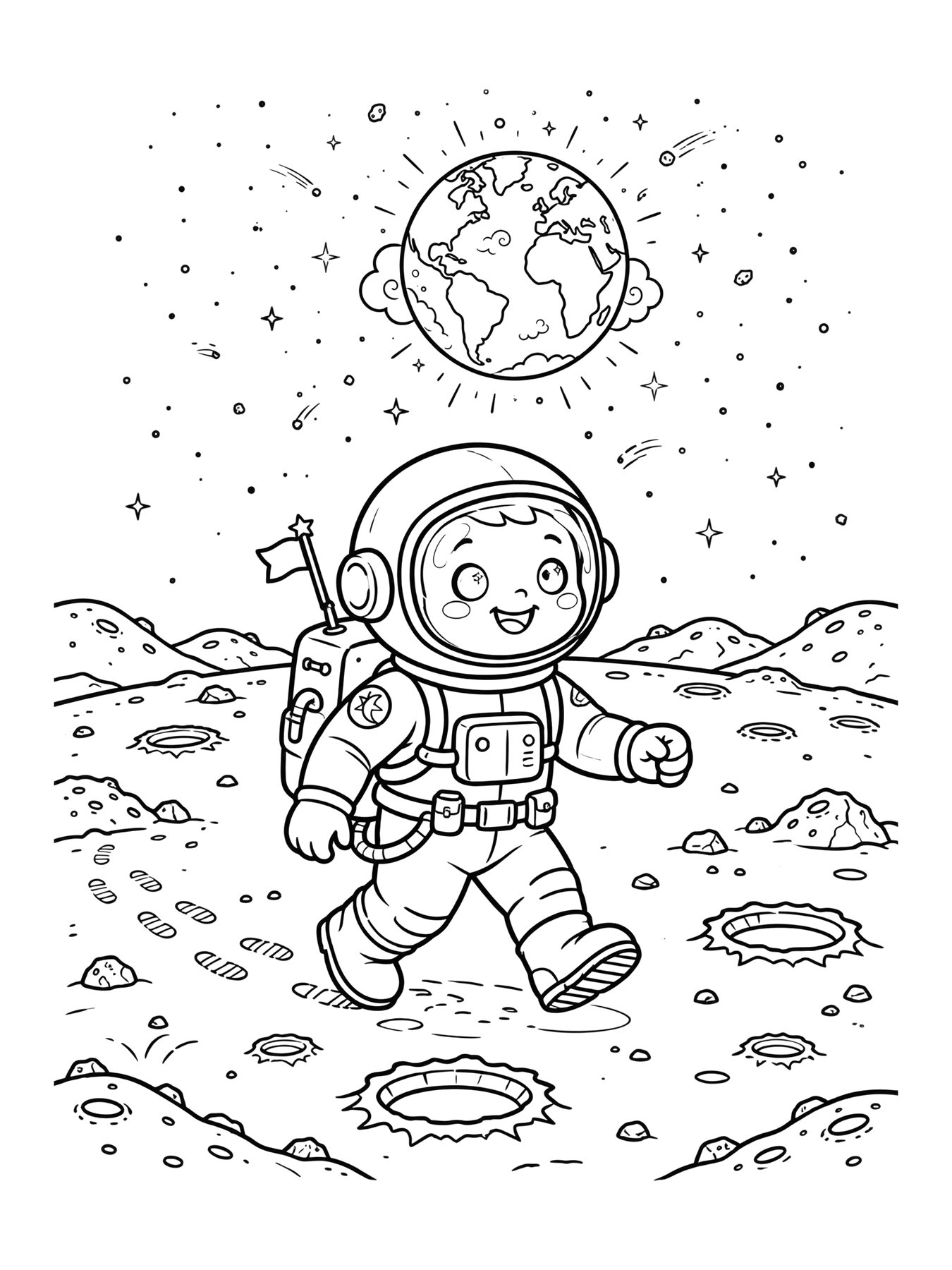 Desenho de astronauta caminhando na Lua para colorir