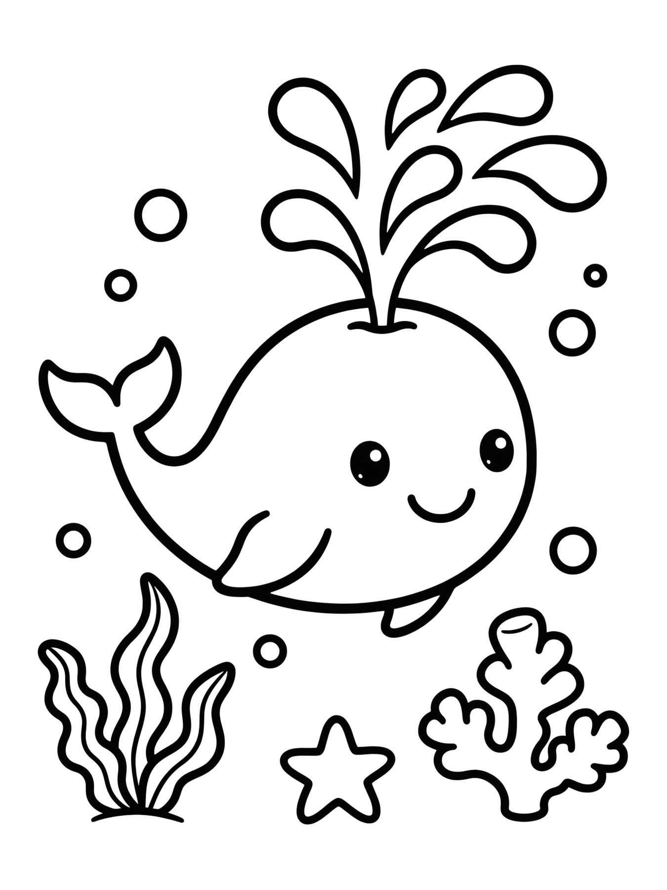 Desenho de baleia fofa jorrando água para colorir