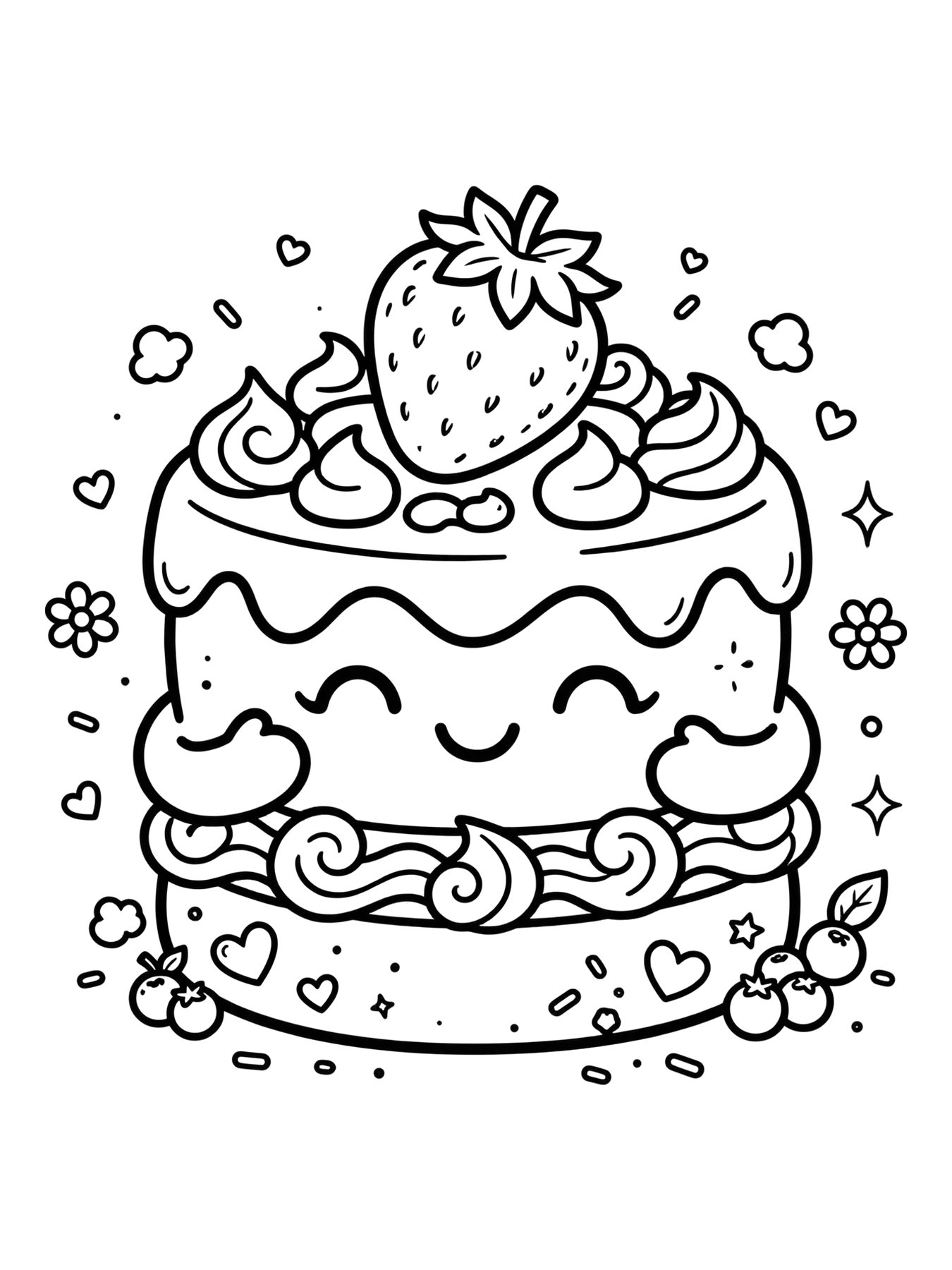 Desenho de bolo kawaii com morango para colorir