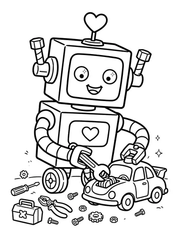 Desenho de bolt o robô consertando um carrinho com chave inglesa para colorir