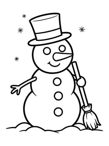 Desenho de boneco de neve com cartola e vassoura para colorir