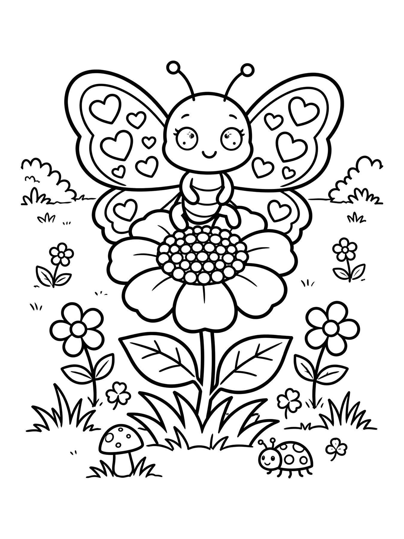 Desenho de borboleta com corações para colorir