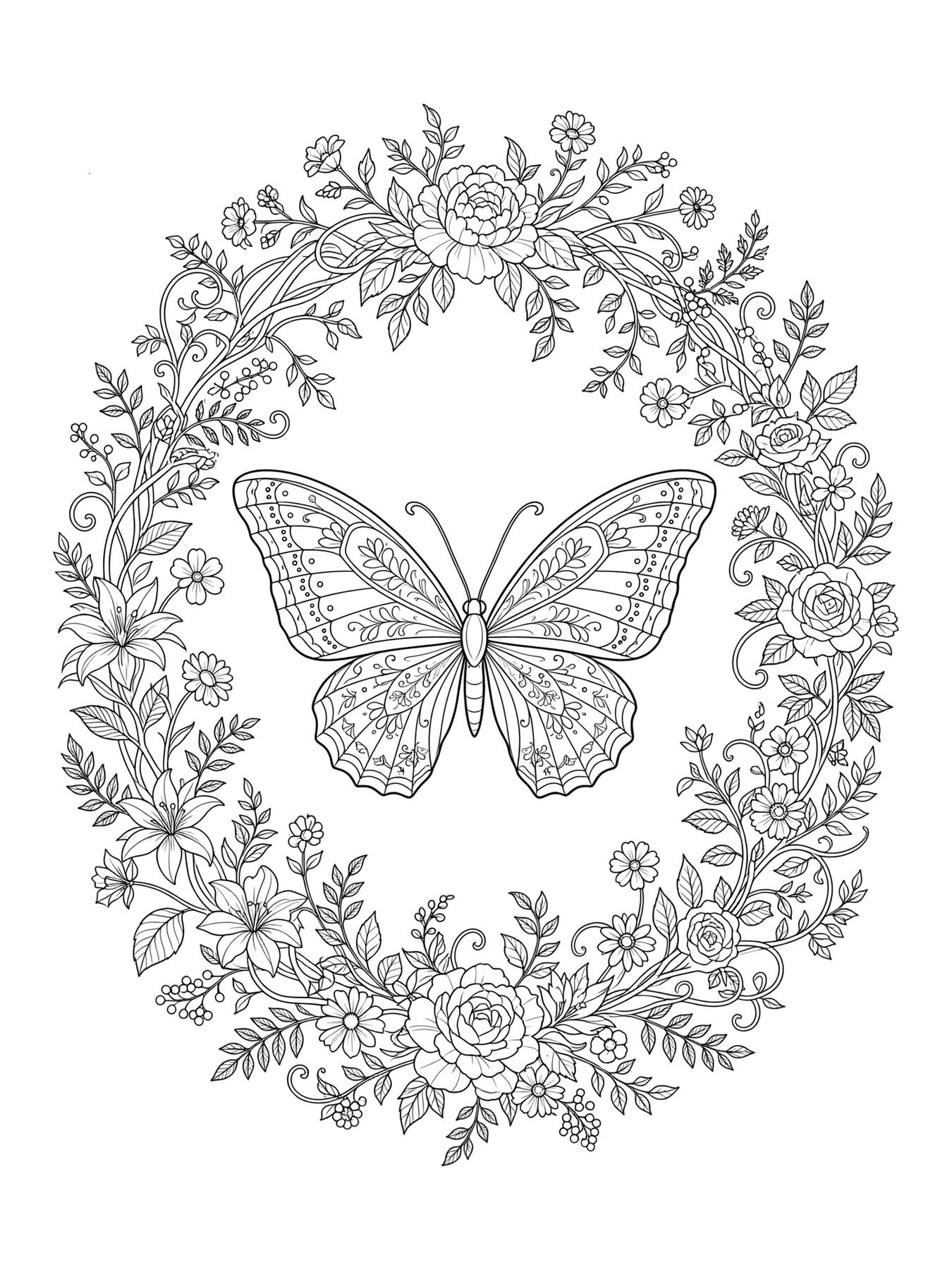 Desenho de borboleta com moldura floral para colorir