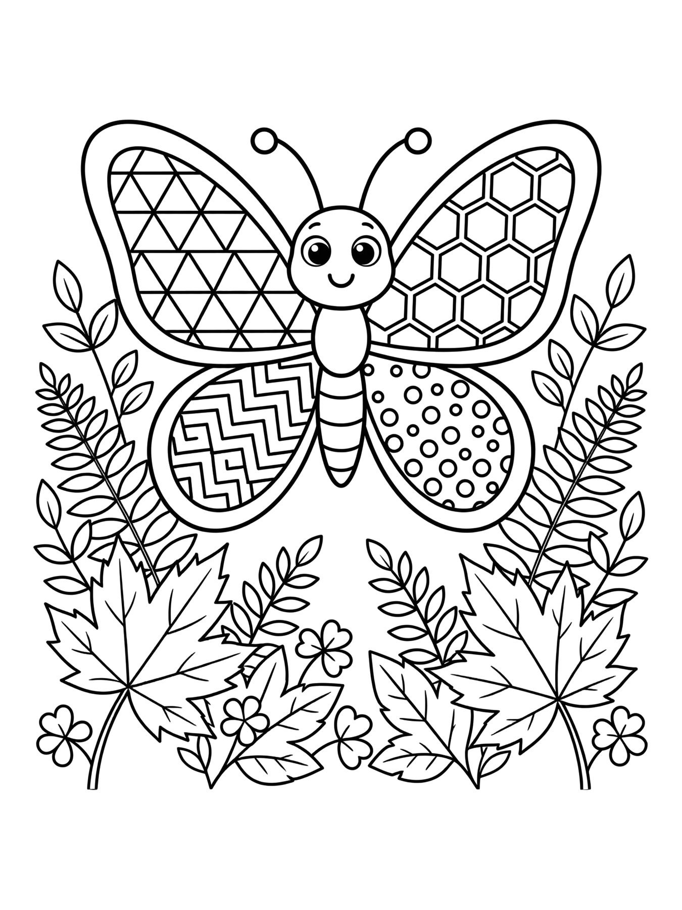 Desenho de borboleta com padrões geométricos para colorir