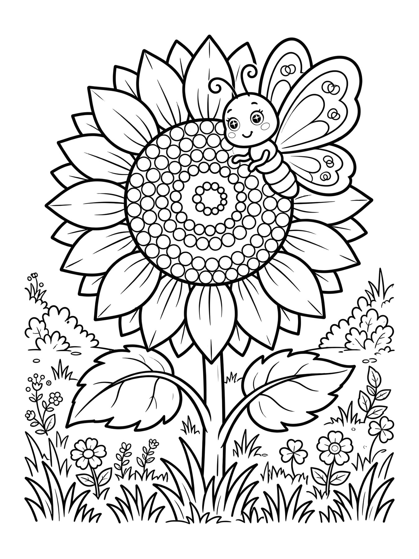 Desenho de borboleta sobre girassol para colorir