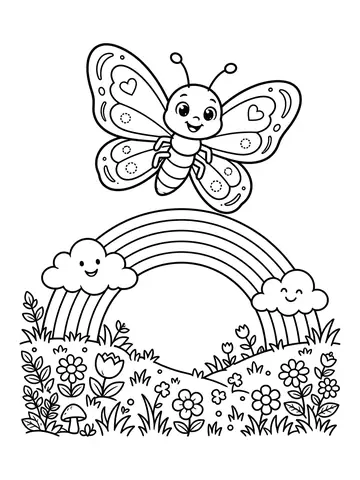 Desenho de borboleta voando sobre o arco-íris para colorir