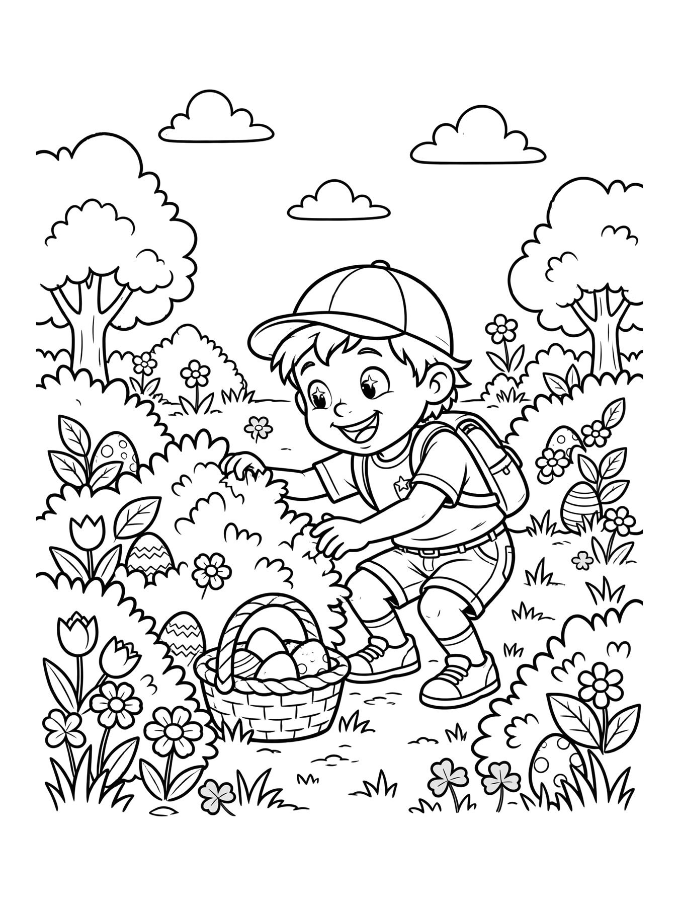 Desenho de caça aos ovos no jardim para colorir