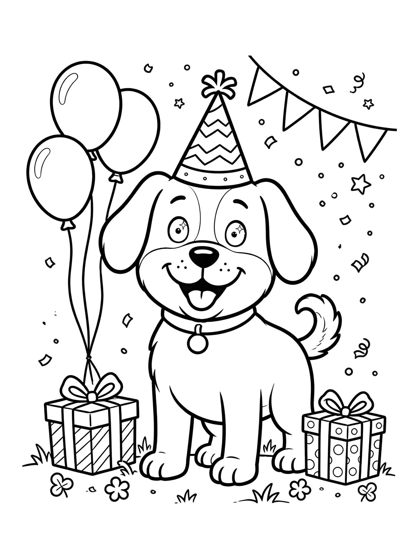 Desenho de cachorro com chapéu de aniversário para colorir