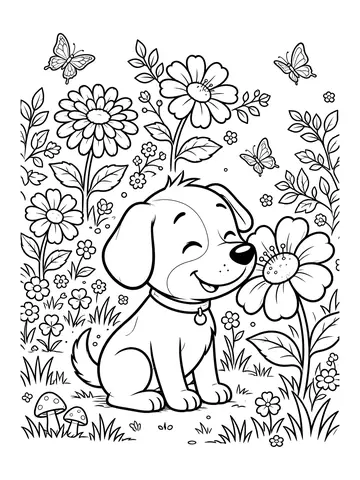 Desenho de cachorro com flores para colorir