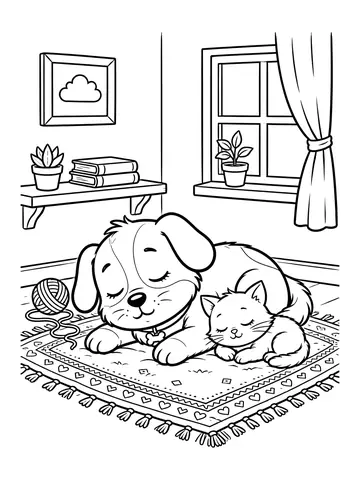 Desenho de cachorro com gatinho dormindo para colorir