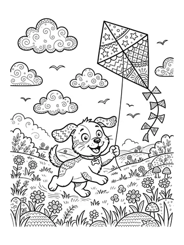 Desenho de cachorro com pipa para colorir