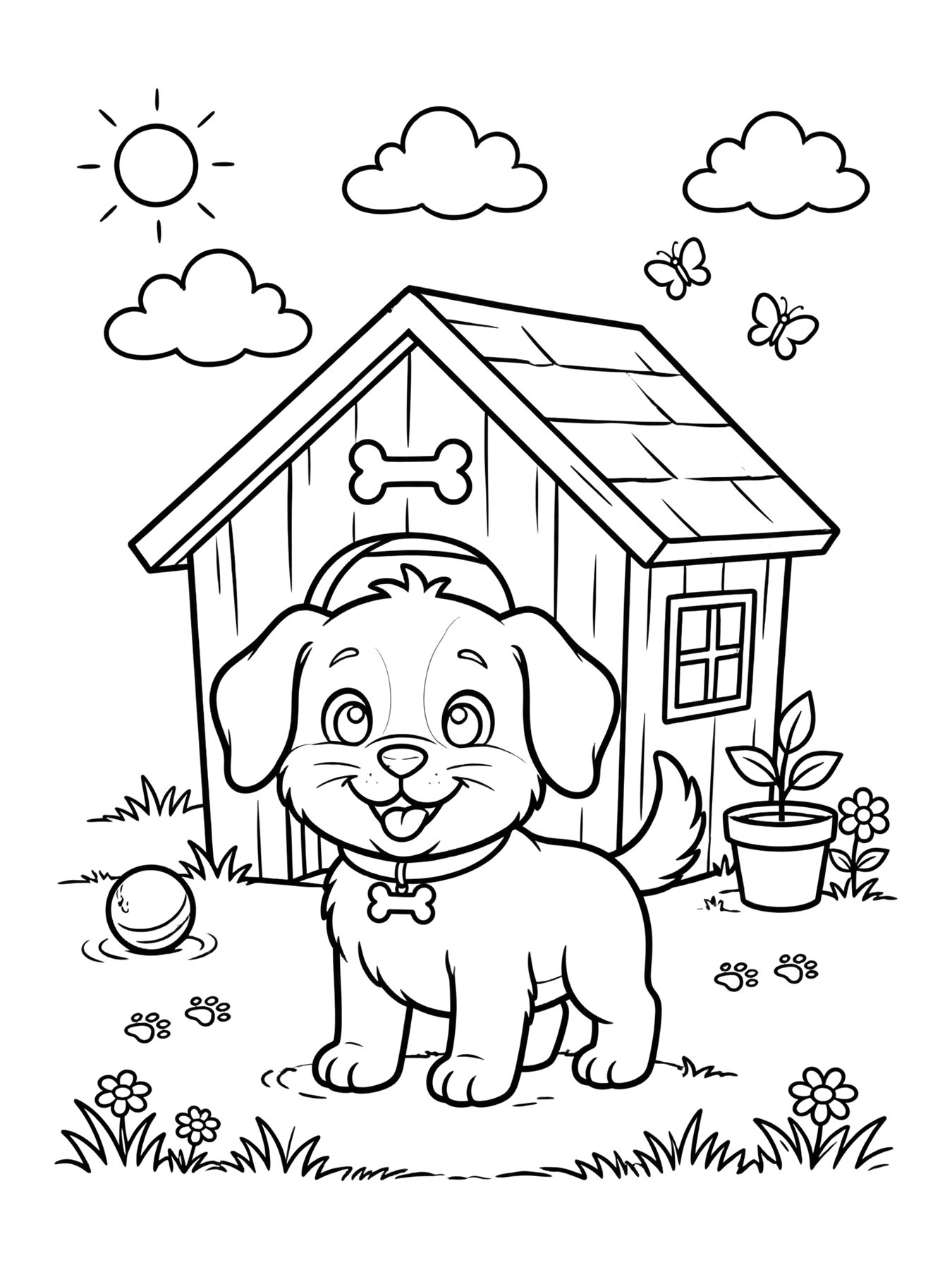 Desenho de cachorro na casinha para colorir