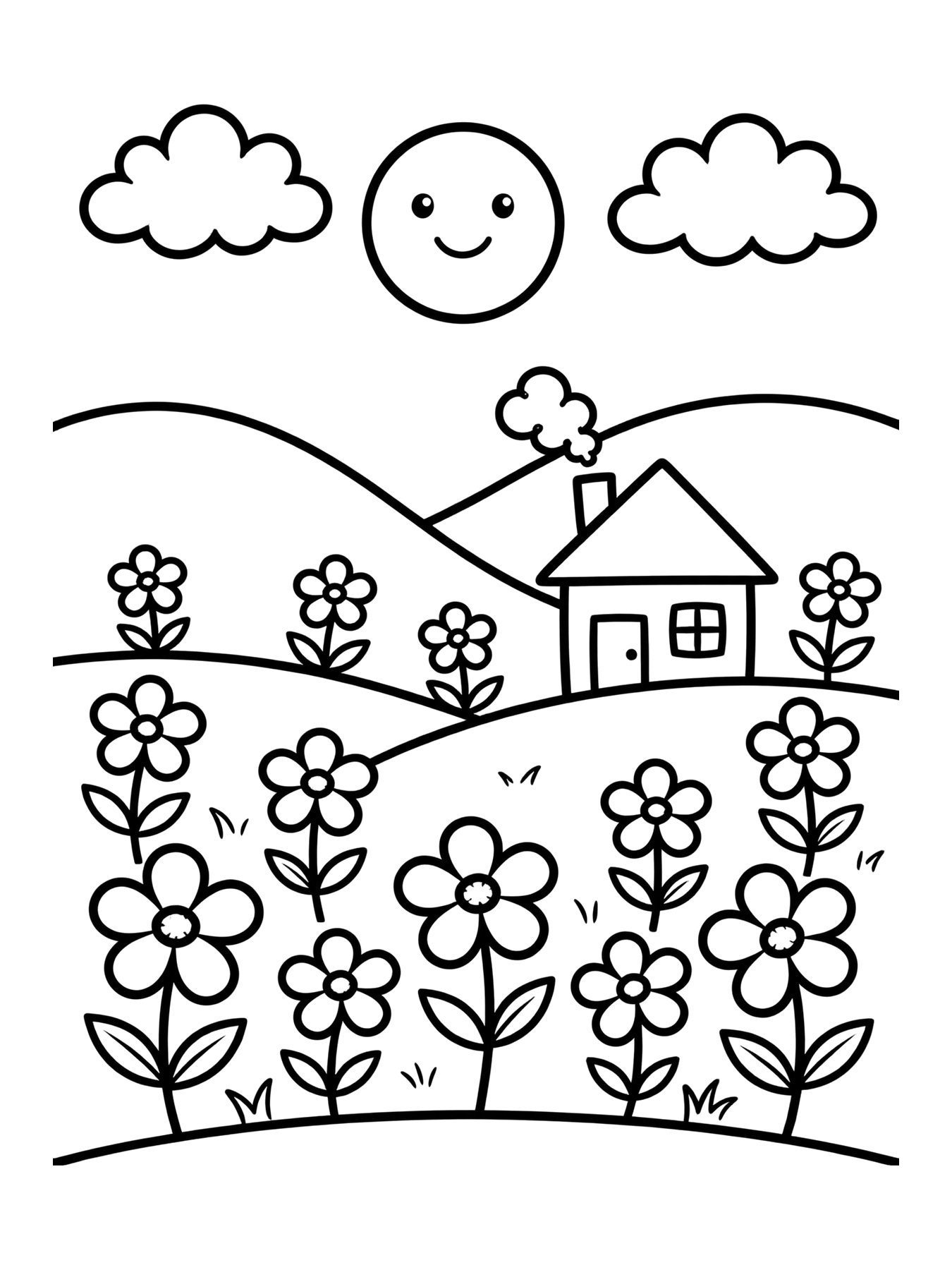 Desenho de campo de flores com casinha para colorir