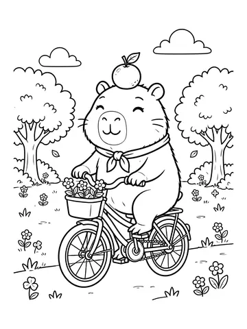 Desenho de capi a capivara andando de bicicleta no parque para colorir