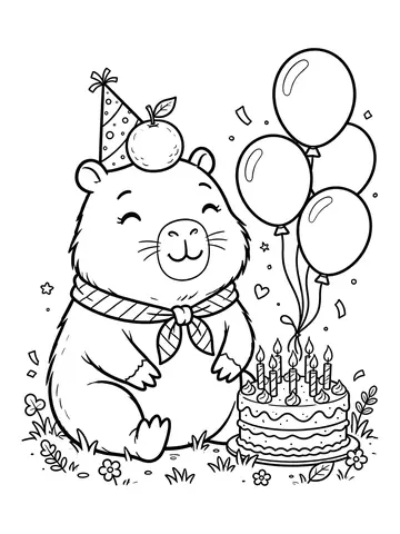 Desenho de capi a capivara com chapéu de festa e bolo de aniversário para colorir