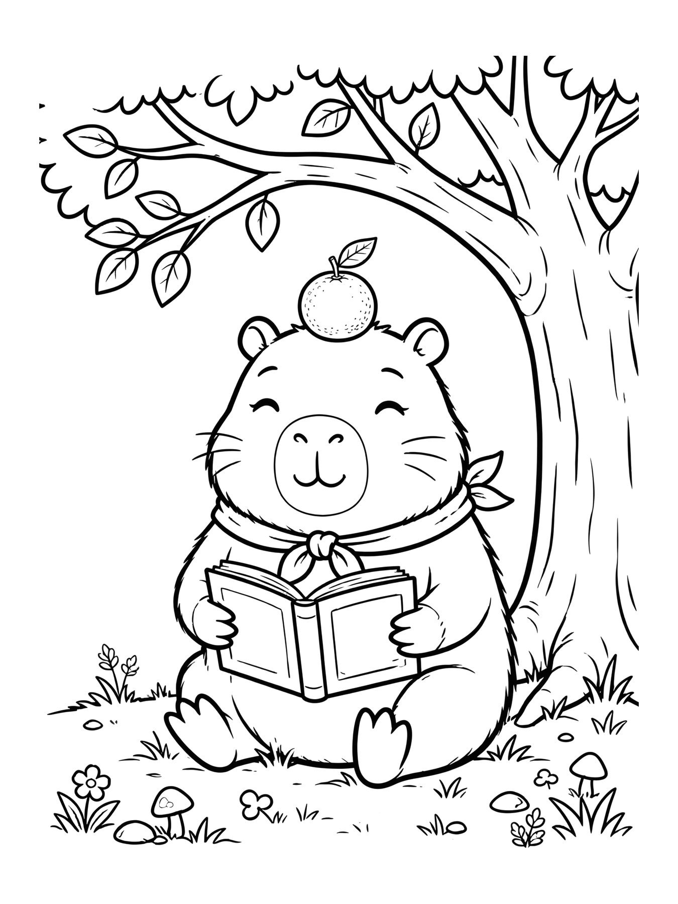 Desenho de capi a capivara lendo um livro embaixo de uma árvore para colorir
