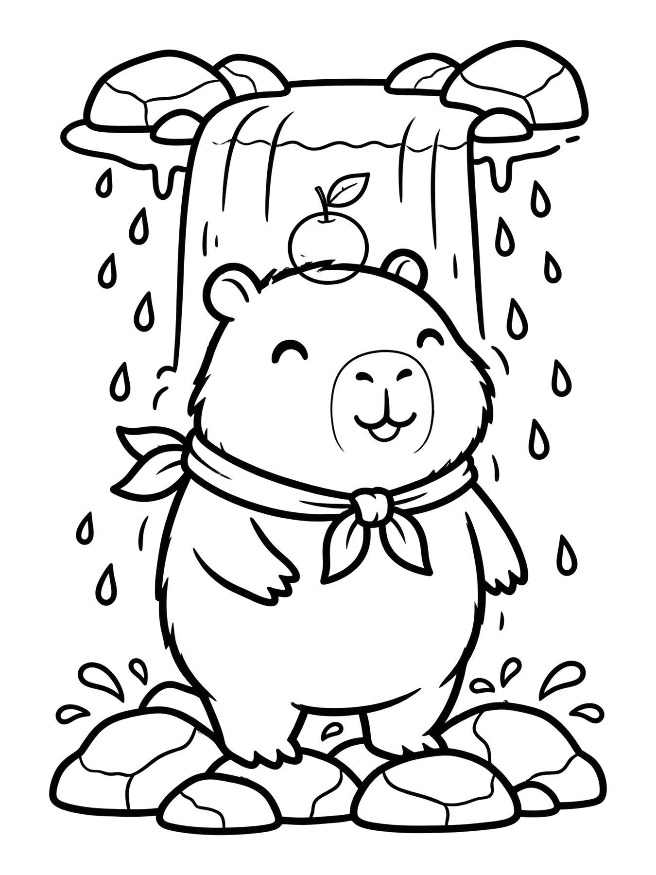 Desenho de capi a capivara tomando banho de cachoeira para colorir