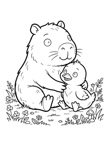 Desenho de capivara abracando um patinho para colorir