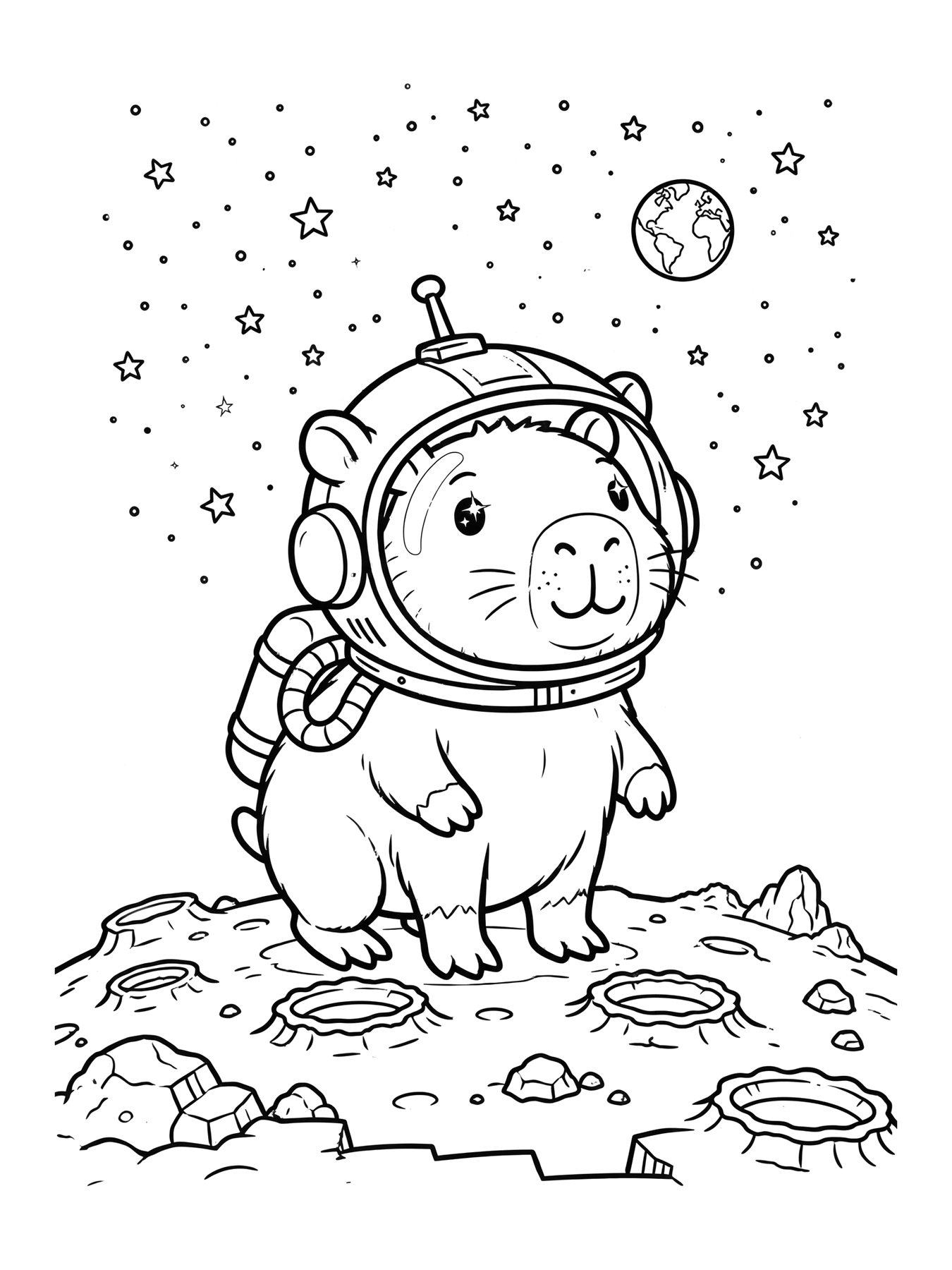 Desenho de capivara astronauta na lua para colorir