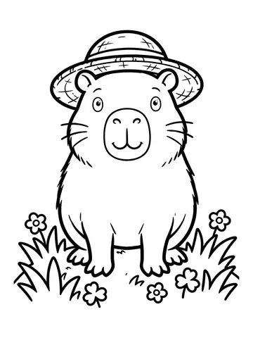 Desenho de capivara com chapéu de palha para colorir