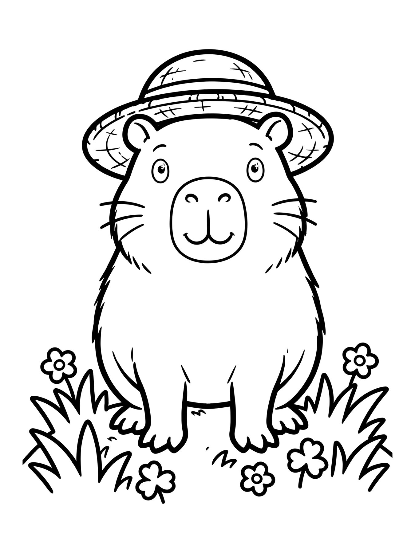 Desenho de capivara com chapéu de palha para colorir