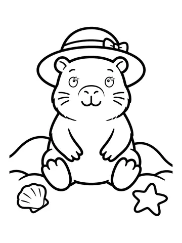 Desenho de capivara com chapéu de praia na areia para colorir
