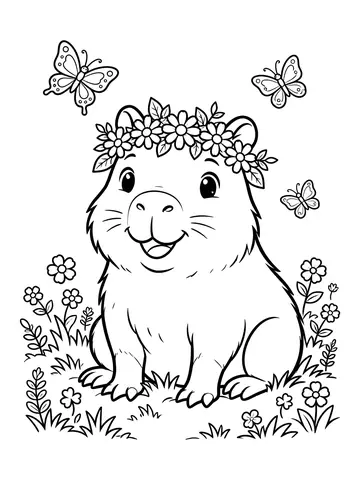 Desenho de capivara com coroa de flores para colorir