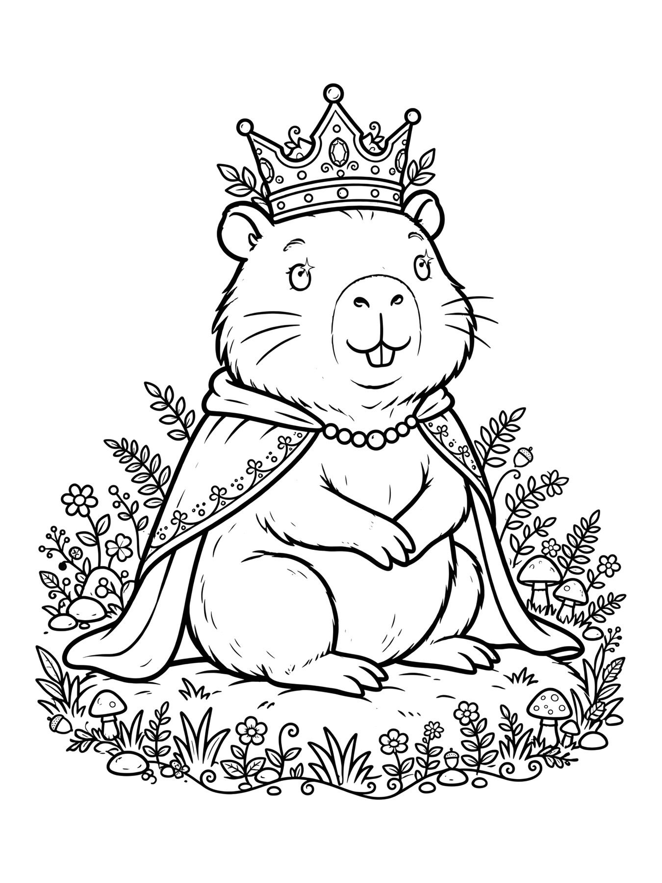 Desenho de capivara com coroa de rainha para colorir