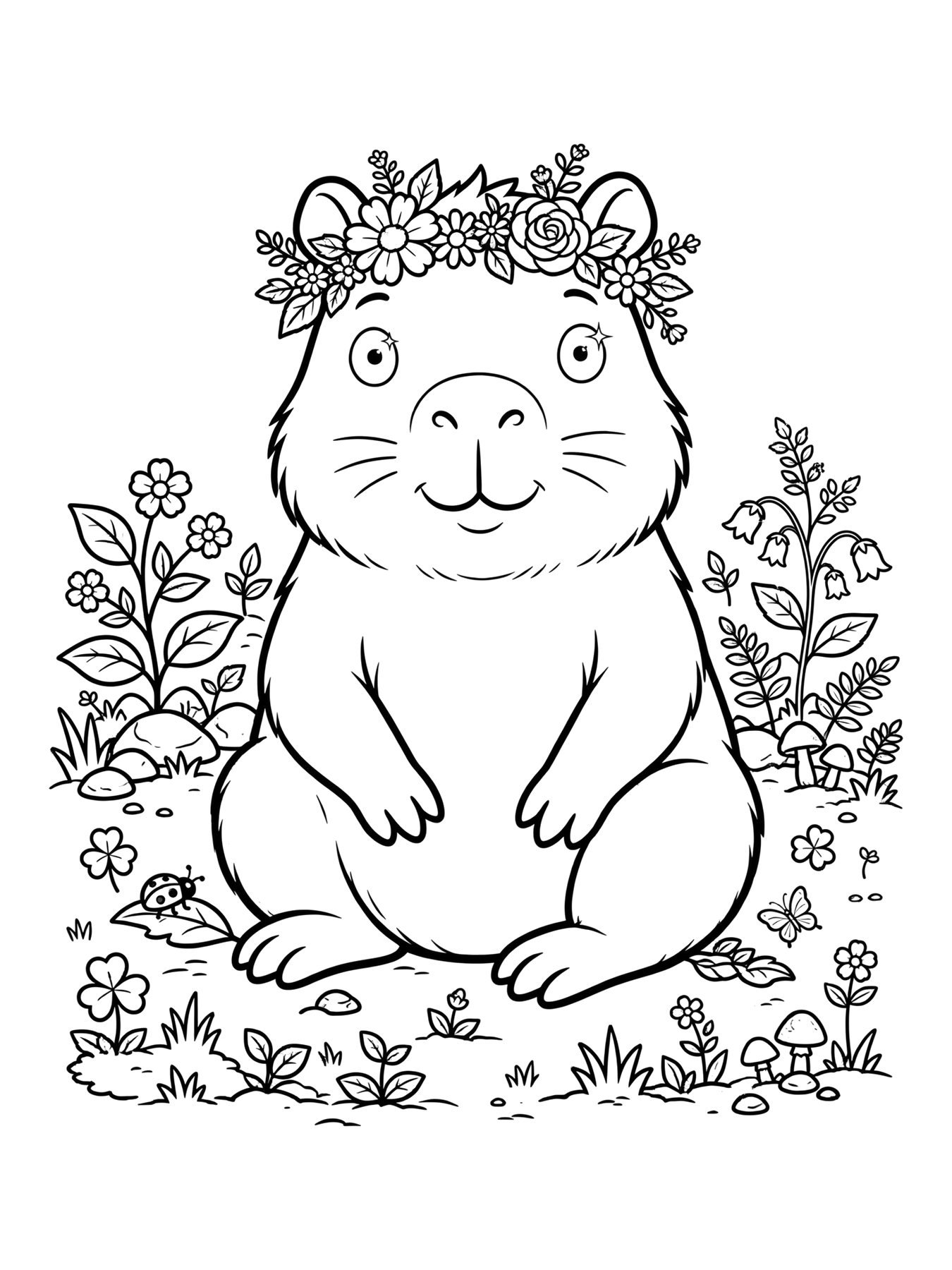 Desenho de capivara com flores na cabeça para colorir