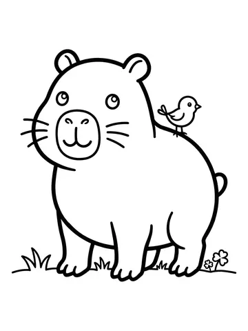 Desenho de capivara com passarinho nas costas para colorir