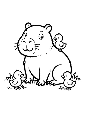 Desenho de capivara com patinhos para colorir