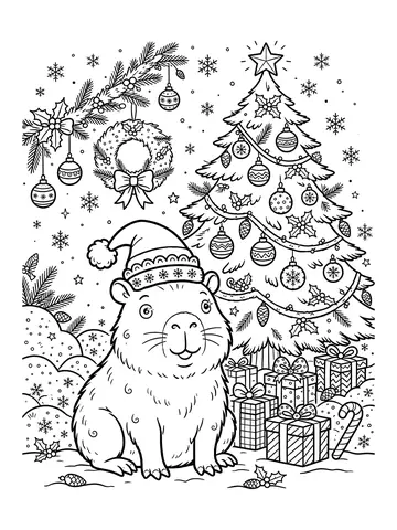 Desenho de capivara de natal com gorro para colorir