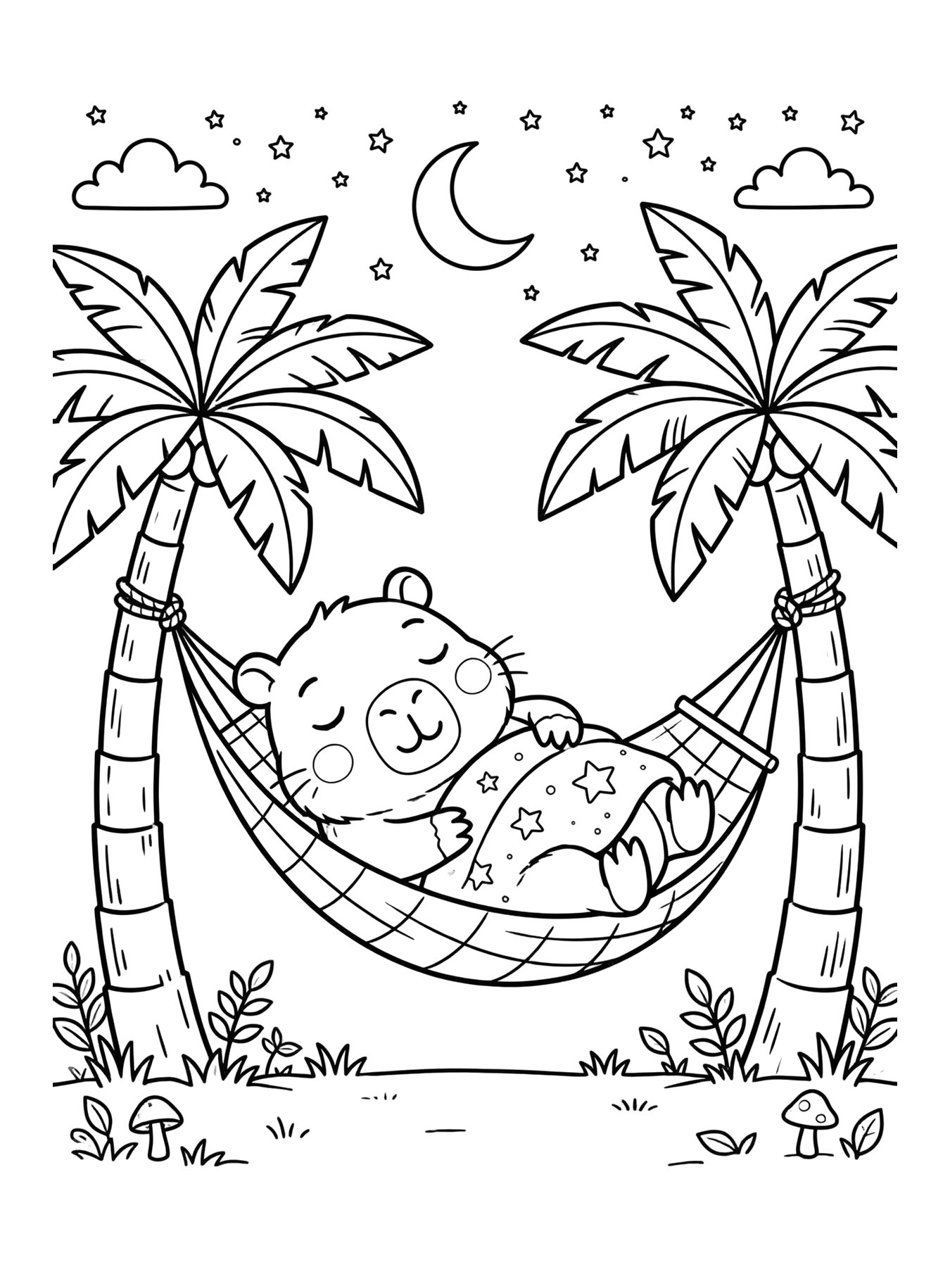 Desenho de capivara dormindo na rede para colorir