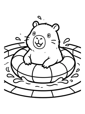 Desenho de capivara na piscina com boia para colorir