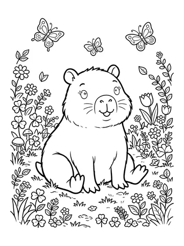 Desenho de capivara no jardim com borboletas para colorir