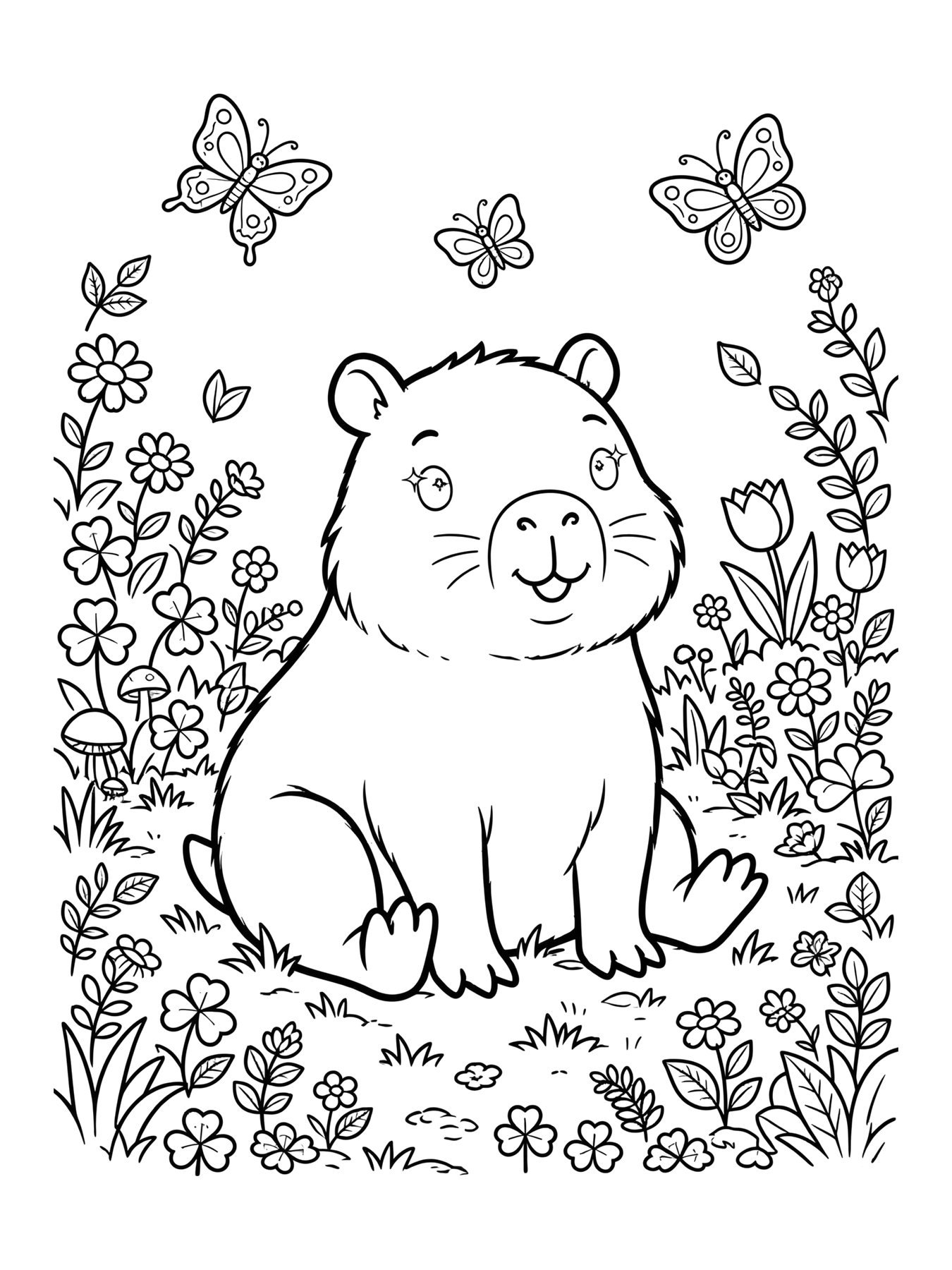 Desenho de capivara no jardim com borboletas para colorir