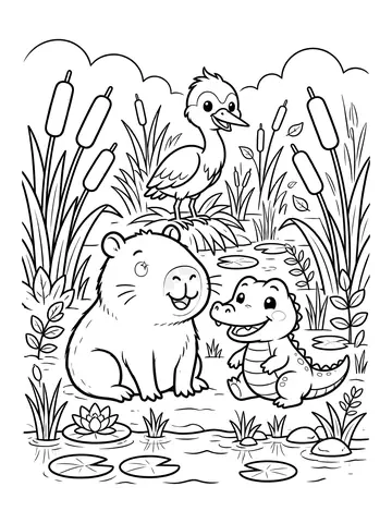 Desenho de capivara no Pantanal com jacaré para colorir