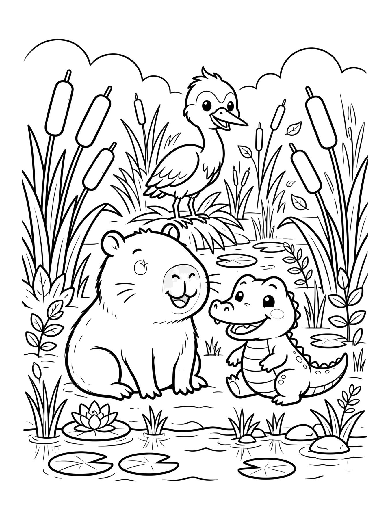 Desenho de capivara no Pantanal com jacaré para colorir