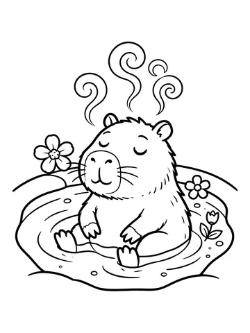 Desenho de capivara relaxando na água quente para colorir